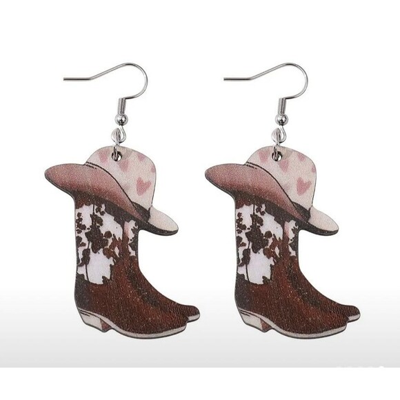 Western Cowboy Boot & Hat Wood Dangle Earrings – Rustic Western Style - Picture 1 of 7